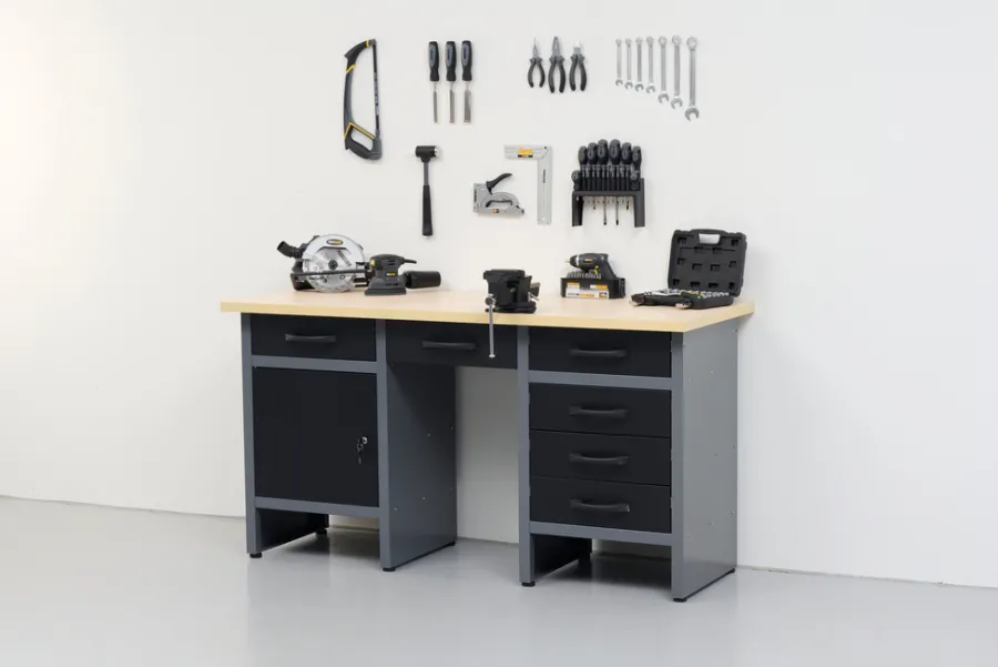 Arbeidsbord & Reoler^ Arbeidsbenk med skap/skuffer 160 x 60 x 85 cm