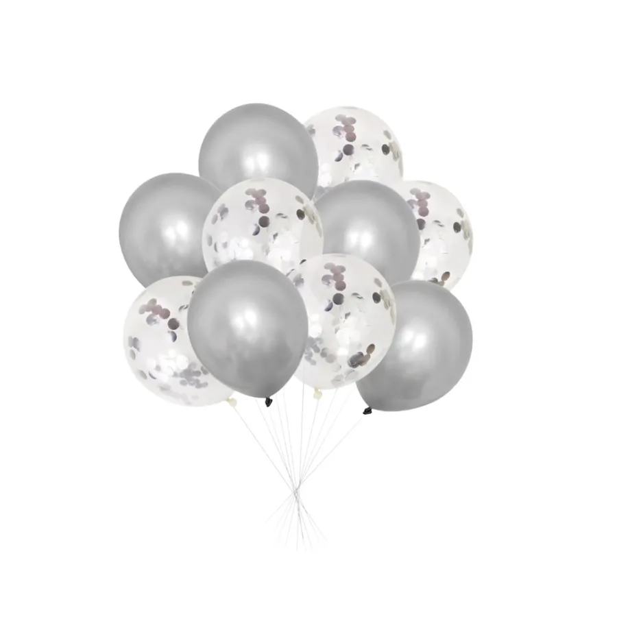 Pynt & Festutstyr^ Ballonger m/konfetti 10-pk. - sølv Sølv og transparent med sølvkonfetti