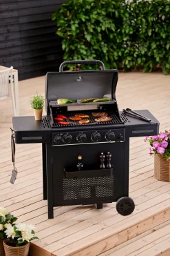 Gassgrill^Grillexpert Gassgrill med 4 brennere og bakbrenner – Svart