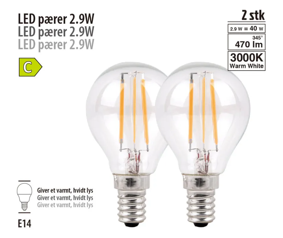 Led-Pærer^ LED-dråpepære 2,9 W E14 - 2 pk.