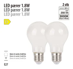 Led-Pærer^ LED-filamentpærer 1,8 W E27 - 2-pk.
