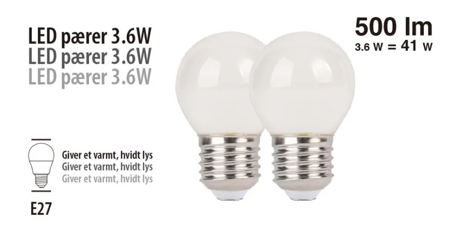 Led-Pærer^ LED-kronepærer 3,6 W E27 - 2-pk.