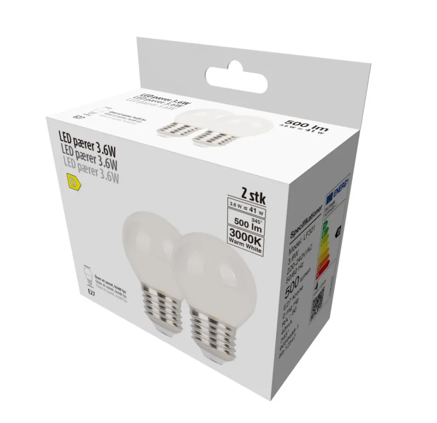 Led-Pærer^ LED-kronepærer 3,6 W E27 - 2-pk.