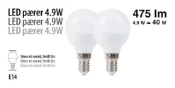 Led-Pærer^ LED-kronepærer 4,9 W E14 - 2 pk.
