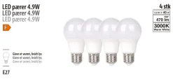 Led-Pærer^ LED-pære E27 standard 4,9 W E27 4-pk.