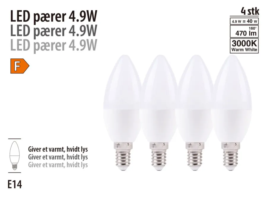 Led-Pærer^ LED-pære 4-pk mignon E14 4,9 W