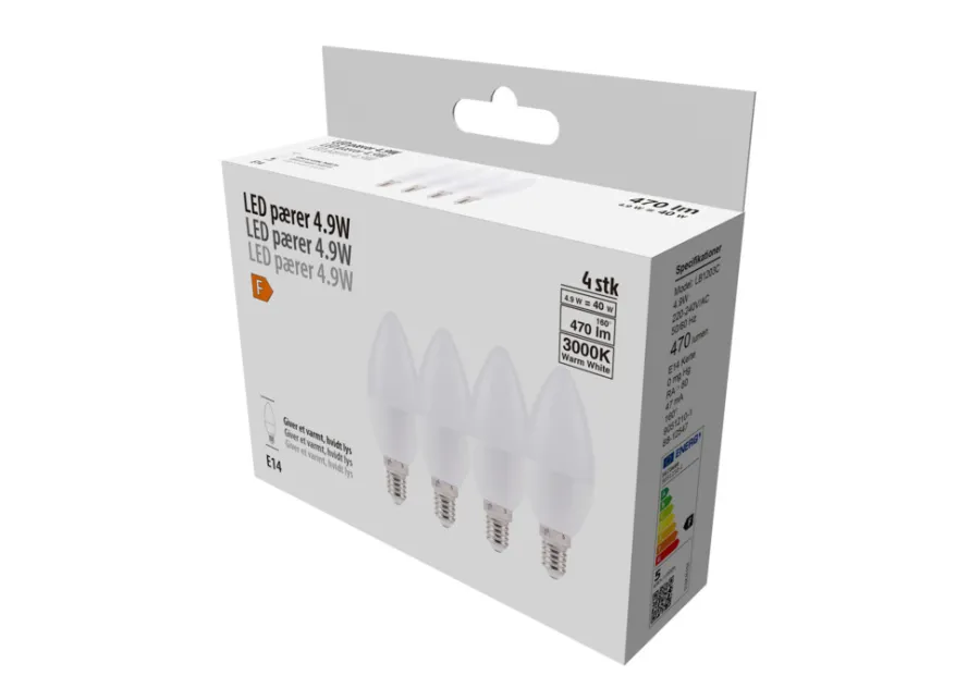 Led-Pærer^ LED-pære 4-pk mignon E14 4,9 W