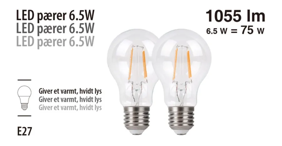 Led-Pærer^ LED-pærer standard formet 6,5 W E27 - 2-pk.