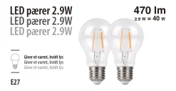 Led-Pærer^ LED-pærer standard 2,9 W E27 - 2-pk.