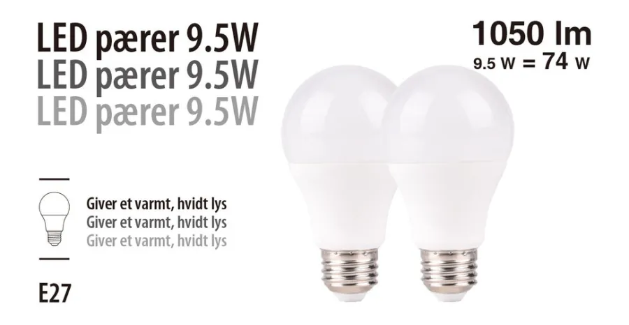 Led-Pærer^ LED-pærer standart 9,5 W E27 - 2-pk.