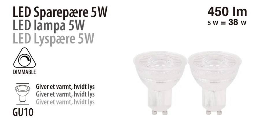 Led-Pærer^ LED-spotpære 5 W GU10 dimbare - 2-pk.