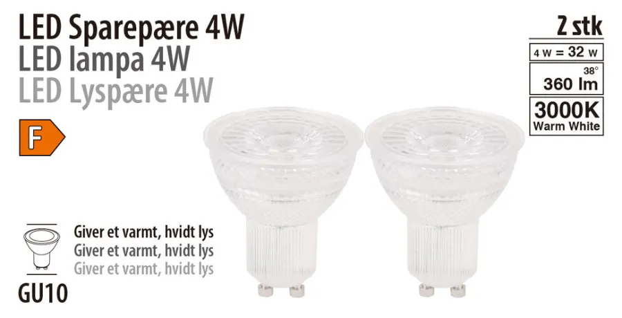 Led-Pærer^ LED-spotpære 4 W GU10 - 2-pk.