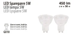 Led-Pærer^ LED-spotpære 5 W GU10 - 2-pk.