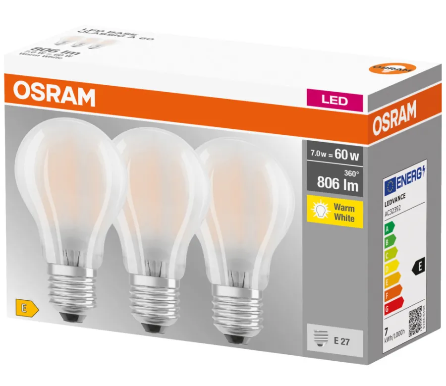 Led-Pærer^Osram LED Base matt standardpære E27 7 W 3-pk