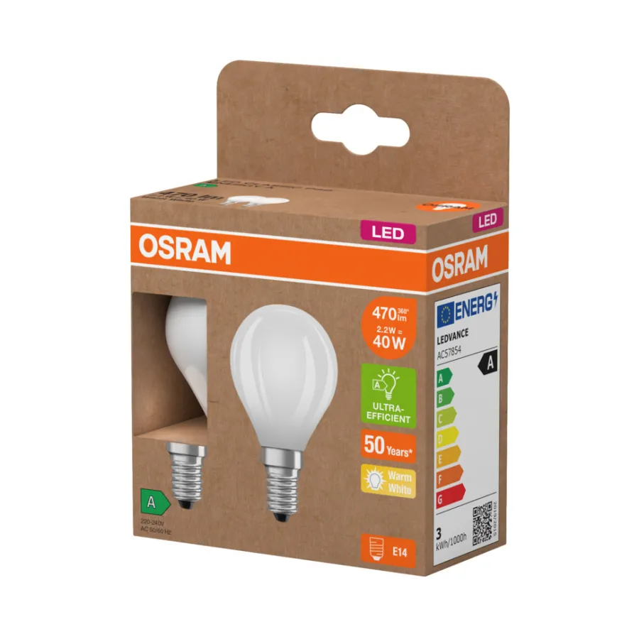 Led-Pærer^Osram LED matt kronepære E14 2,2 W 2-pk.