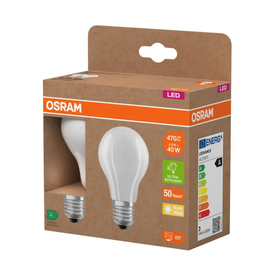 Led-Pærer^Osram LED matt standardpære E27 2,2 W 2-pk.