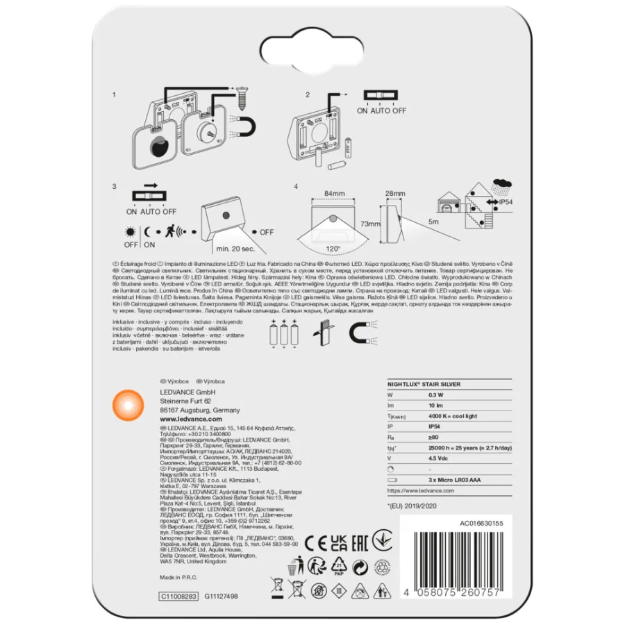 Sensorlamper^Osram Nightlux LED vegglampe sensor med batteri Sølv