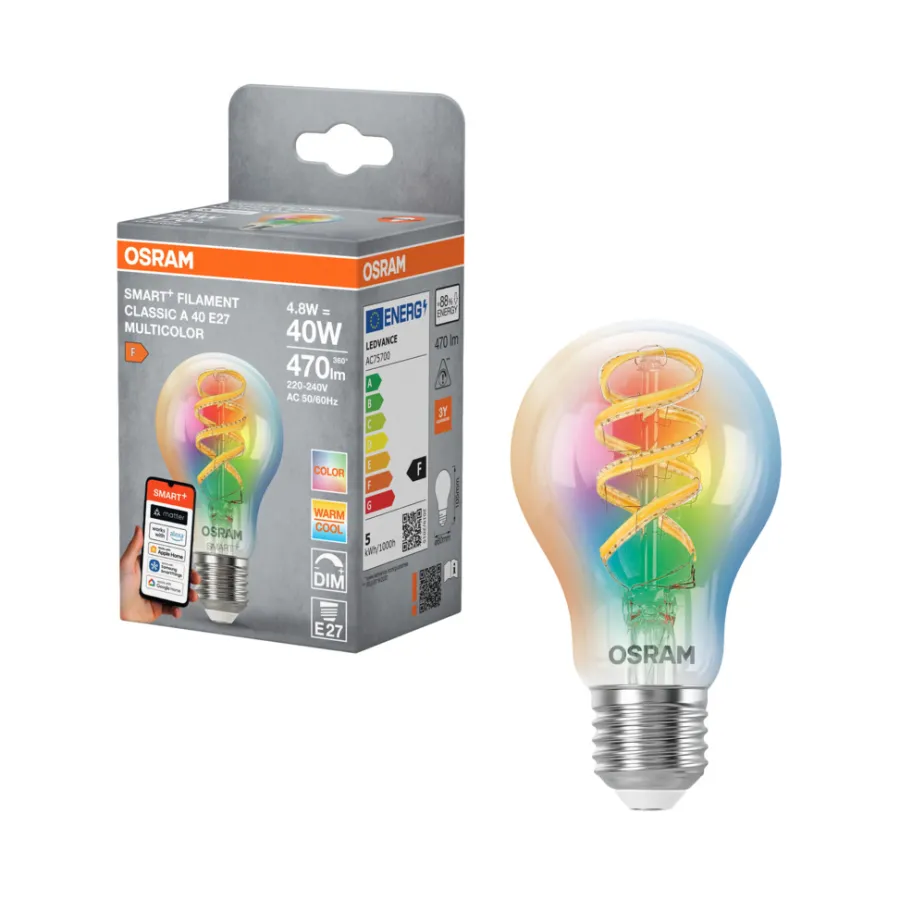 Led-Pærer|Smartpærer^Osram SMART+ klar filamentpære RGBW E27 4,8 W