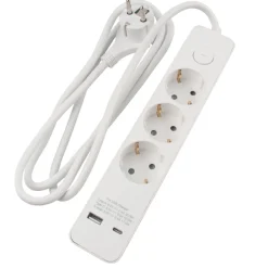 Grenuttak & Skjøteledninger^Elworks Skjøteledning 3-veis med USB-A/USB-C Hvit