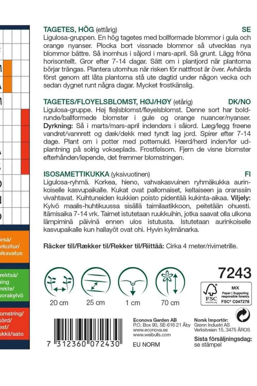 Frø^Weibulls Tagetes, høy 'Crackerjack Mix' Gule og oransje nyanser