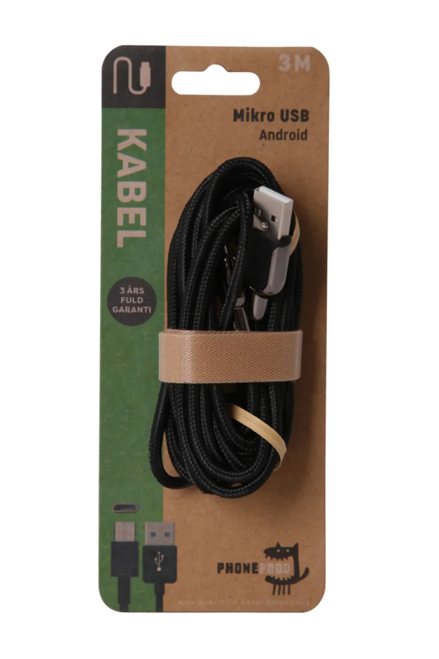 Lyd & Tilbehør Til Mobiltelefoner|Kabler & Adaptere^PhoneFood USB-A til micro USB kabel - 3 meter